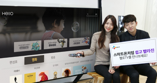 CJ헬로 모델들이 지능형 사용자환경인 알레스카를 적용한 헬로TV를 소개하고 있다.  CJ헬로 제공